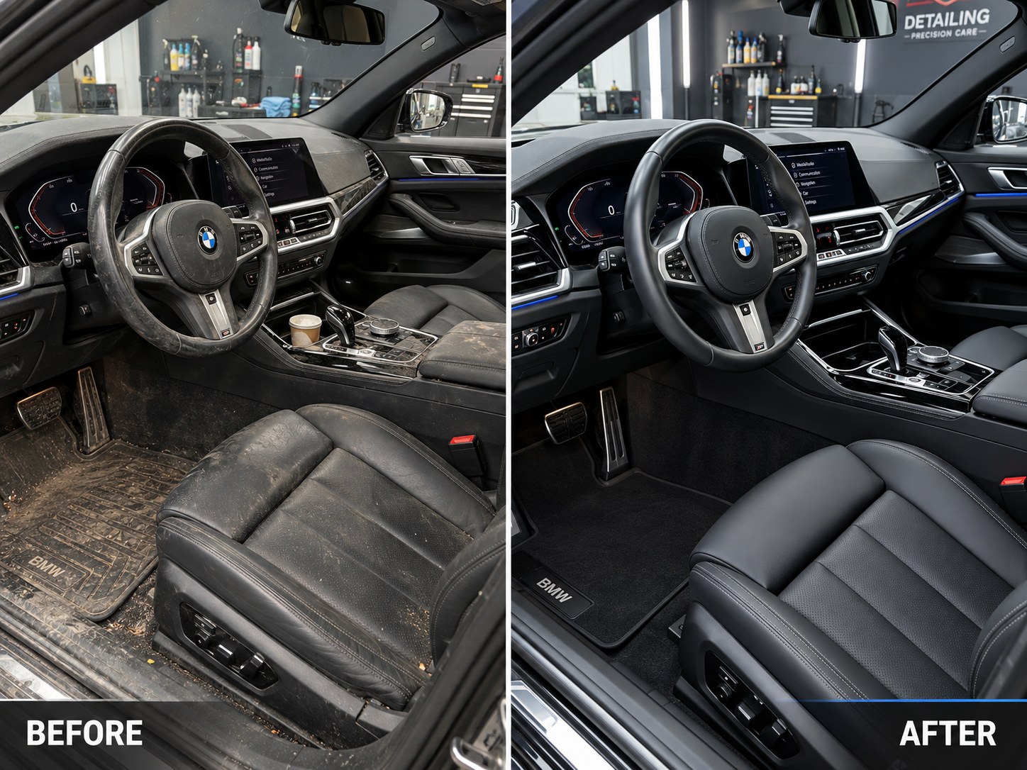 Vorher-Nachher Innenraum-Beispiel eines neuen BMW nach professioneller Aufbereitung