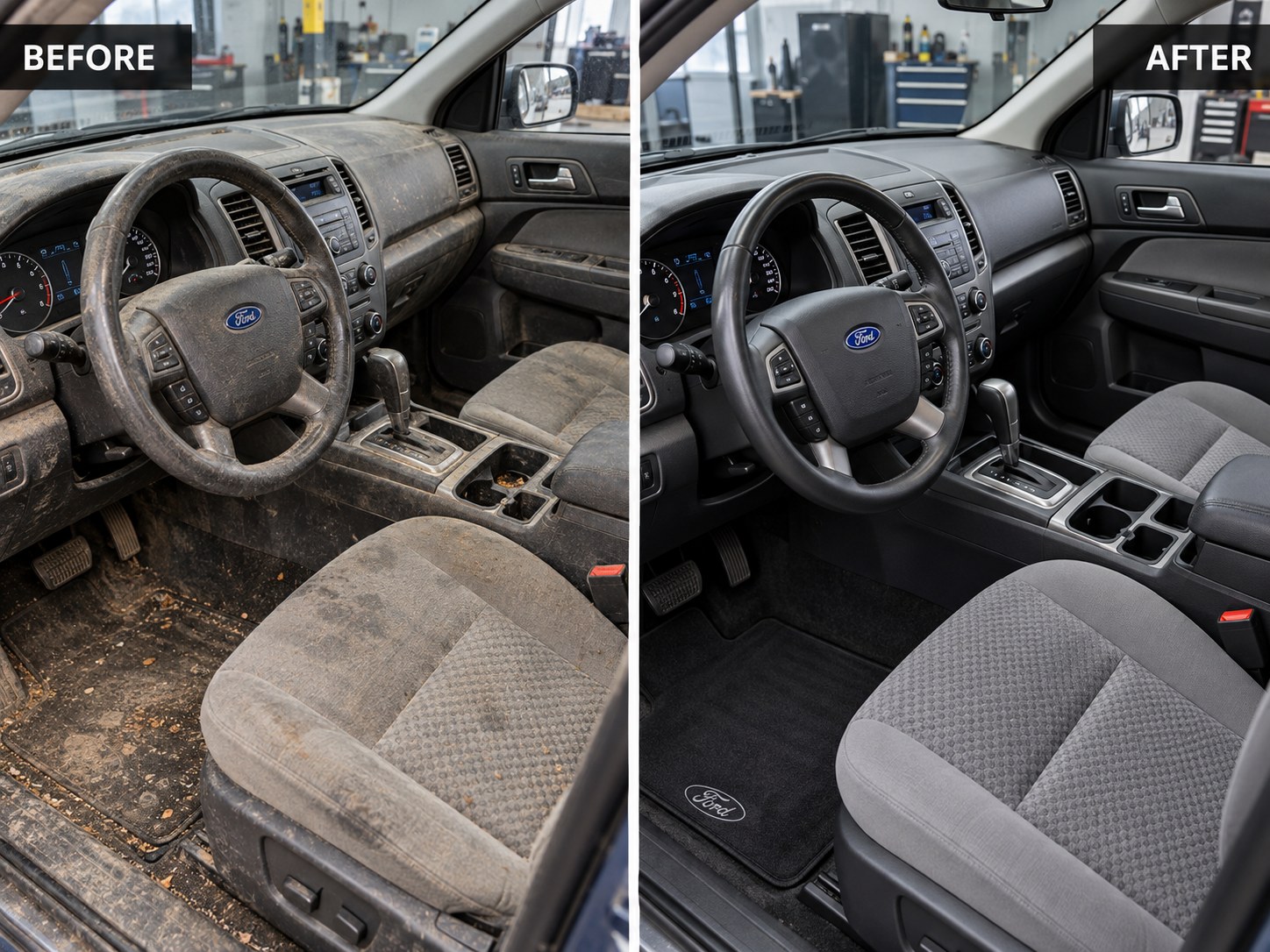 Vorher-Nachher Innenraum-Beispiel eines älteren Ford nach Reinigung und Aufbereitung