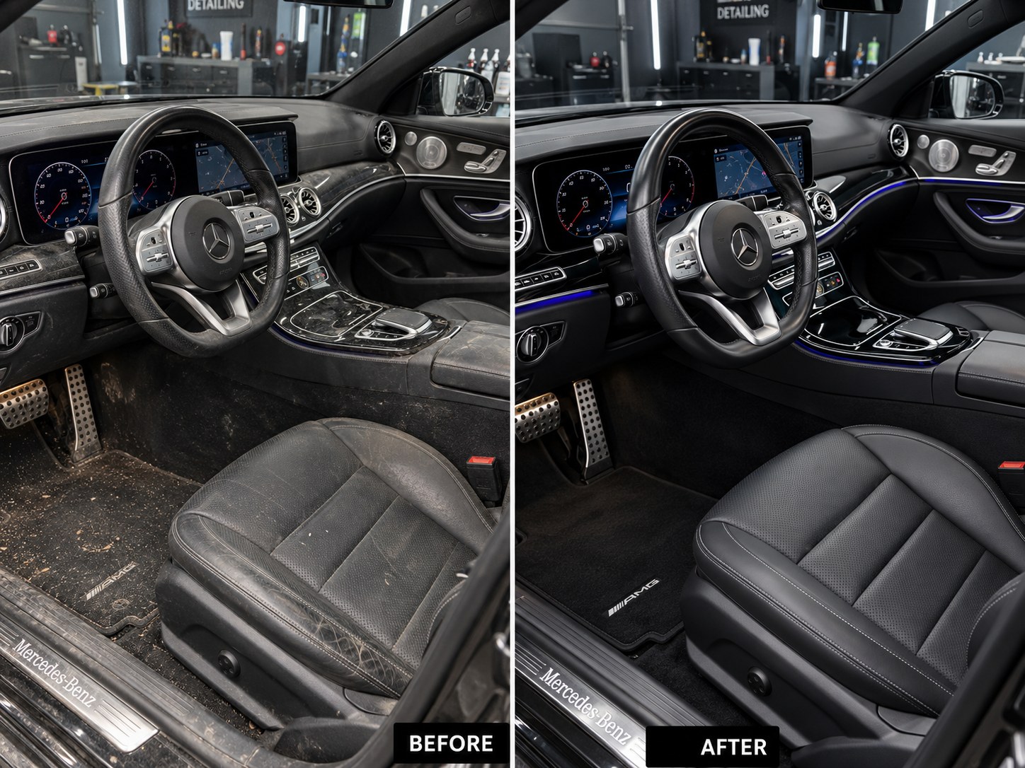 Vorher-Nachher Innenraum-Beispiel eines neuen Mercedes nach professioneller Fahrzeugpflege